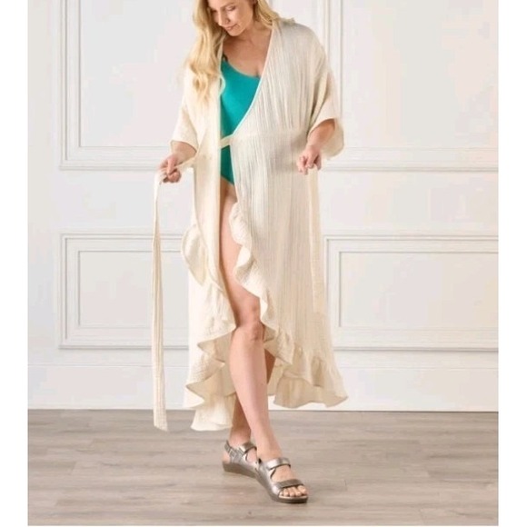 Hammacher Schlemmer UPF 30 Turkish Cotton Cover Up Wrap Dress Ecru Womens S/M - Picture 3 of 13